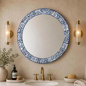 Espejo redondo hecho a mano con marco de incrustaciones de hueso y marco floral azul y blanco, decoración mediterránea, espejo de pared para baño - Product Image 1