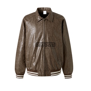 Men's <b>Brown</b> PU <b>Leather</b> Bomber <b>Jacket</b> Zipper Closure Stand Collar Vintage Washed Casual Winter Outerwear - Product Image 1
