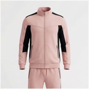 Unisex <b>Pink</b> Color Blocking <b>Tracksuit</b> Set Full Sleeve Stand Collar Zipper Front Sporty Regular Fit Autumn Wear - Product Image 1