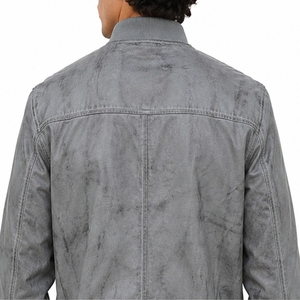 Chaqueta Bomber de Cuero Premium para Hombre, Color Gris Lavado, con Estampado de Letras, Cierre de Cremallera Frontal, Estilo Casual, para Otoño, Calidad de Exportación - Product Image 5