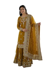 Party Traditional Indian Festive Faux Georgette Top with Embroidery Sequence Work Palazzo and Dupatta with Heavy Embroidery Work - Product Image 1