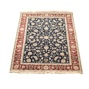 Tapis d'intérieur en laine noué à la main, bleu marine et rouge, à motifs floraux multiples, à poils ras, sur mesure - Product Image 5