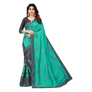 DISEÑADOR BORDADO TRABAJO SAREE CON BLUSA SIN COSTAR AZUL CIELO - Product Image 1