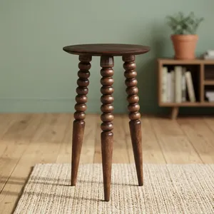 Modern <b>Round</b> Mango Wood Side <b>Table</b> Minimalist Design Handmade Living Room Furniture Dark Finish Three-Leg Base - Product Image 6