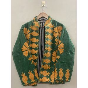 Green <b>Velvet</b> Embroidered <b>Blazer</b> Women Mandarin Collar Full Sleeve Winter Cotton Hand Embroidery Pattern - Product Image 3