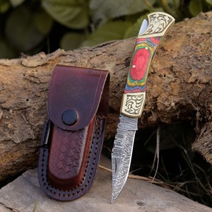 Custom Handmade Hunting Damascus Steel Straight Back <b>Lock</b> Folding Knife Leather Sheath Rainbow Wood Brass Engraved Accents OEM - Product Image 1