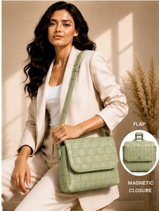 Bolso Bandolera Tejido para Mujer Gravs, Cuero Genuino, Estilo Inglés, Patrón Geométrico, Correa Única, Cierre de Cremallera y Broche, Portátil - Product Image 3