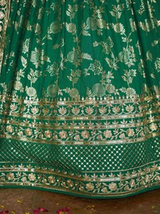 <b>Green</b> <b>Silk</b> Jacquard Floor-Length A-Line Lehenga Choli Set Zari Floral Embroidered Dupatta Wedding Party Women - Product Image 6