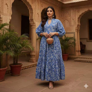 Vestido Midi Azul con Estampado Floral, Cuello en V, de Algodón, Estilo Boho, Ecológico, Cintura Natural, Étnico Indio, Festivo - Product Image 1