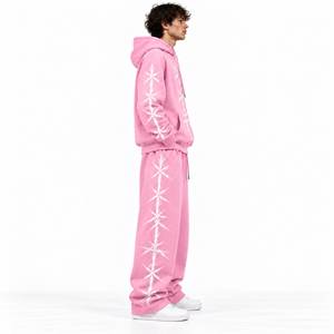 Conjunto Deportivo de 2 Piezas para Hombre, Color Rosa, Sudadera con Capucha y Pantalones Deportivos Holgados con Estampado de Estrellas, Estilo Urbano - Product Image 3