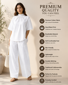 Ensemble coordonné bohème pour femmes en coton et lin blanc, toutes saisons, haut à col rond à manches trois quarts, pantalon large, coupe régulière, deux pièces - Product Image 6