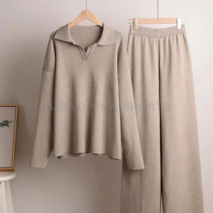 Ensemble de salon rayé 2 pièces pour femmes, haut à manches longues boutonné et pantalon à cordon de serrage - Product Image 1