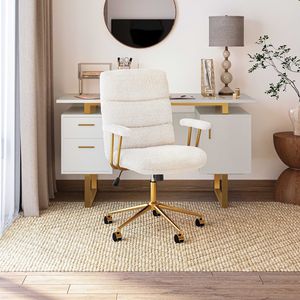 Sedia da Ufficio Moderna Regolabile in Altezza, Bianca e Oro, con Braccioli Imbottiti in Tessuto Bouclé Testurizzato - Product Image 1