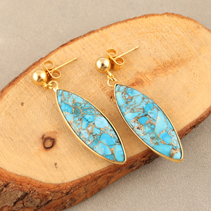 Wholesale Cute Fashion Jewelry Mohave Copper Turquoise Drop <b>Earrings</b> Brass 18K Gold Plated Marquise Gemstone Bezel Set <b>Earrings</b> - Product Image 5