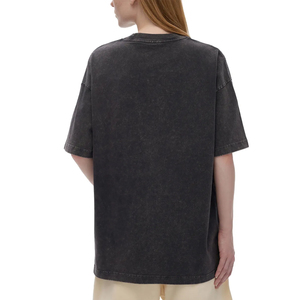 Camiseta de Cuello Redondo Oversize para Mujer, Color Sólido, Algodón Lavado, Corte Holgado, Manga Corta, Largo Regular, Tejido Jersey Transpirable - Product Image 4