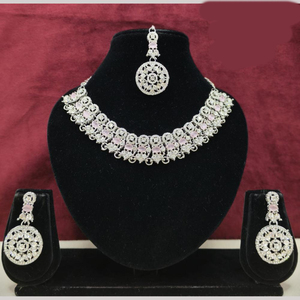 JeweleMarket Silver Plated Crystal & Rhinestone Ethnic <b>Bridal</b> <b>Jewelry</b> <b>Set</b> Earrings Necklace Maang Tikka for Wedding/Anniversary - Product Image 4