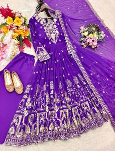 Robe Anarkali en rayonne brodée violette avec dupatta, longueur ras du sol, tenue traditionnelle indienne et pakistanaise pour femme, robe de mariée - Product Image 5