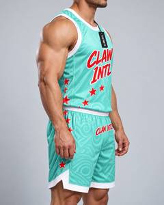 ชุดยูนิฟอร์มบาสเก็ตบอล CLAW INTL สำหรับทุกเพศ สีเขียวมิ้นท์ ลายดาวสีแดง พิมพ์ลายดิจิทัล ผ้าโพลีเอสเตอร์ระบายอากาศได้ดี ชุดกีฬาสำหรับผู้ใหญ่ ตัดเย็บแบบไร้รอยต่อ - Product Image 2