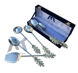 <b>Silver</b> Plated <b>Tea</b> Spoons <b>Set</b> With Leaf Handle Mirror Finish Long Handle Modern Design - Product Image 2