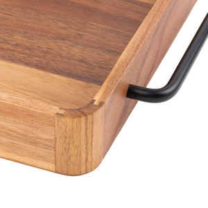 Plateau de service rectangulaire en bois d'acacia poli de haute qualité, moderne et écologique, avec poignée en métal et motif personnalisé pour les fêtes - Product Image 4