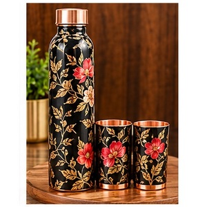 Ensemble de bouteilles d'eau en cuivre avec motif de lotus blanc bleu ayurvédique, avec tasses assorties, vaisselle portable pour la maison - Product Image 4