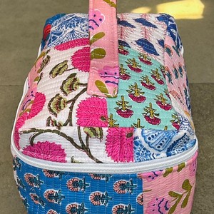 Quilted Panelled Cosmetic Bag Medium Size Bohemian Floral Print Zipper Closure Soft Handle Textile Material - Product Image 2