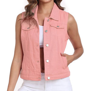 Women's Vintage <b>Lace</b> Waterproof Pink Denim Vest Sleeveless Turn-Down <b>Collar</b> Single Breasted Button Front Casual Outerwear - Product Image 1