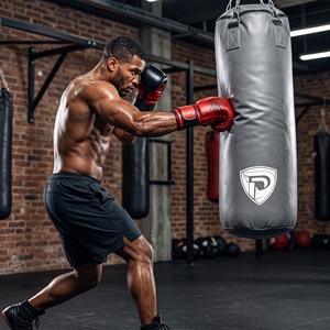 Sac de boxe d'entraînement gris en PU avec logo bouclier, durable, rempli de sable, pour usage en salle de sport adulte - Product Image 4
