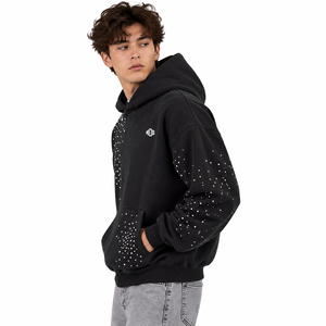 Trendy <b>Black</b> Rhinestones <b>Hoodie</b> Pullover 100% Cotton Oversized Printing Custom Hoodies Manufacturers Heavyweight Hoodies for <b>Men</b> - Product Image 2