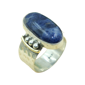 Natural Sodalite <b>Ring</b> 925 Sterling <b>Silver</b> <b>Ring</b> with Brass Design Hammered <b>Ring</b> <b>Statement</b> <b>Ring</b> Sodalite Jewelry Christmas Gift - Product Image 1