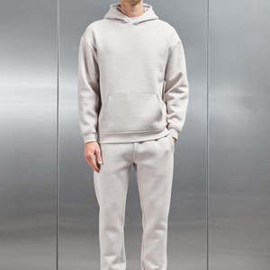 Ensemble de survêtement unisexe gris 2-en-1, couleur unie, manches longues, coton mi-lourd, anti-plis, sportswear décontracté avec cordon de serrage et poches - Product Image 2