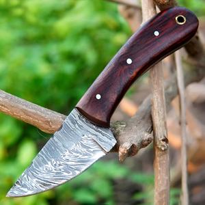 Couteau de chasse utilitaire d'extérieur à lame fixe en acier Damas fait main, haute durabilité, manche en bois, étui en cuir, garantie de 3 ans - Product Image 1