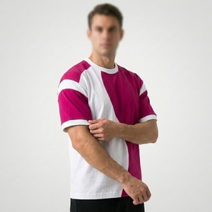 T-shirt décontracté pour homme à manches courtes, col rond, tricoté, coupe classique, respirant, design uni blanc et magenta, color-block - Product Image 4