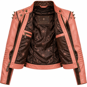 Chaqueta de cuero genuino para mujer, color marrón coral, estilo motero, con gráfico de zorro personalizado, mangas acanaladas y adornos de estrellas. Proveedor de prendas de abrigo. - Product Image 5