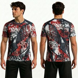 T-shirts pour hommes de haute qualité en gros, motif graffiti urbain rouge, impression par sublimation sur polyester, entièrement imprimés - Product Image 4