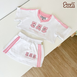 Seun Kids Girls Crop <b>Top</b> <b>and</b> <b>Skirt</b> Set Short Sleeve Cartoon Bear Print Cute <b>White</b> Pink 100% Cotton - Product Image 6