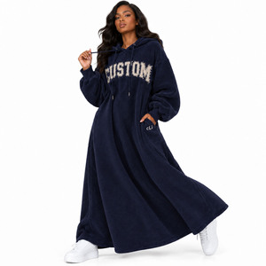 High Fashion Drop Shoulder Gray Fleece <b>Hooded</b> Maxi <b>Sweatshirt</b> <b>Dress</b> Custom Distressed Applique Letter Winter Fall Gown Tracksuit - Product Image 5