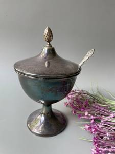 Antique Silver Plated Sugar Bowl with Lid & Spoon, <b>Trophy</b> <b>Cup</b> Style - Product Image 6