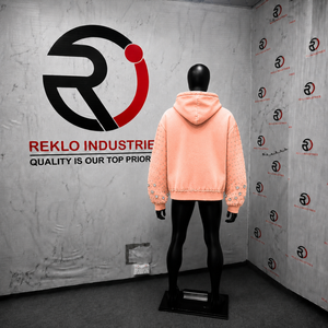 Sweat à capuche de luxe orné de cristaux pêche, veste zippée intégrale vintage effet vieilli, manches surdimensionnées avec strass, style urbain et streetwear - Product Image 4