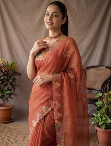 KV Women's Kota Doria <b>Red</b> Woven Design <b>Saree</b> With Unstitched Blouse - Product Image 1