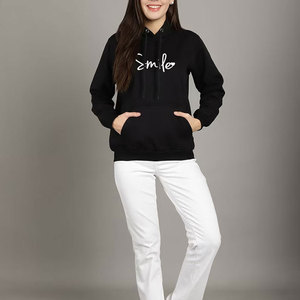Sweat-shirt à capuche noir pour femme avec imprimé sourire, en coton, décontracté, avec logo sur le devant, poches, coupe classique, pour l'automne - Product Image 6