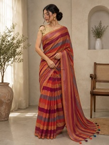 Sari Tradicional Indio de Algodón para Mujer, Largo Regular, a Rayas, para Bodas, Color Naranja, Rojo y Morado, Estilo Étnico Bollywood - Product Image 1