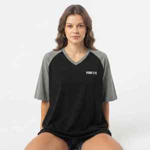 Women's Black Gray Raglan Sleeve <b>V</b>-<b>Neck</b> <b>T</b>-<b>Shirt</b> Loose Fit 100% Cotton Casual Jersey Print Logo Top Spring Summer - Product Image 4