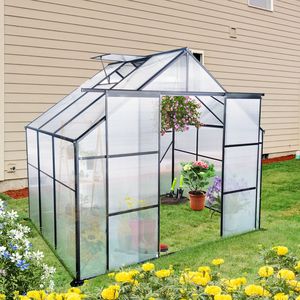 Serra da Giardino 8x6FT Nera con Doppia Porta, Base Rialzata in Policarbonato, Ancoraggio in Alluminio, per Esterni, Colore Verde - Product Image 1