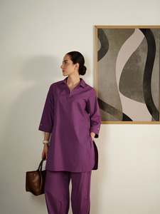Vestido Midi Morado a Rayas con Mangas Tres Cuartos, Cuello Camisero, Corte Holgado, Informal, de Verano, Tejido de Algodón - Product Image 5