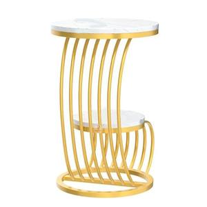 Table basse d'appoint ronde de style nordique en gros, plateau en dalle de roche blanc doré, meuble de chevet en MDF pour salon et coin canapé - Product Image 4