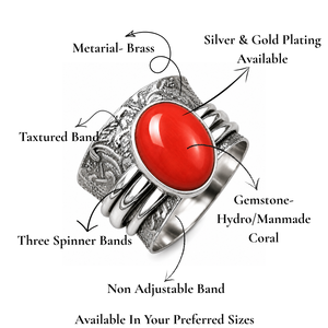 Manmade Coral <b>Ring</b> Vintage Wide Band Silver Plated Bohemian Jewelry - Product Image 2