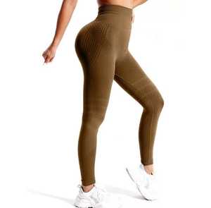 Leggings Deportivos de Cintura Alta, Tejidos, de Compresión, Color Beige Sólido, para Mujer, para Todas las Temporadas - Product Image 5