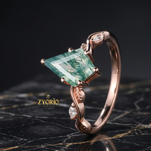 Anillo de compromiso de ágata musgosa con corte cometa, oro macizo de 14K, anillo de boda con hoja botánica, joyería inspirada en la naturaleza - Product Image 5