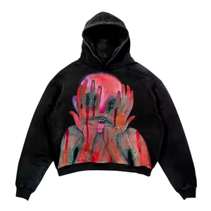 Sweat-shirt à capuche noir pour homme, imprimé artistique peint à la main, style streetwear, coupe classique, en coton tricoté, pour l'automne - Product Image 6